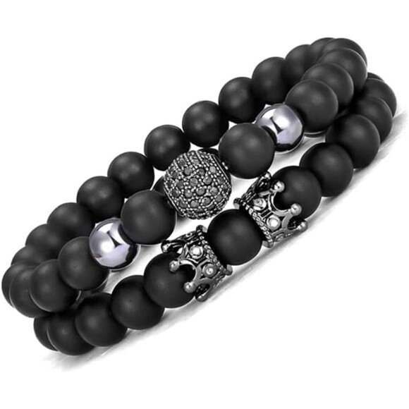 CARSHIER 4 PCS Bracelets for Men Women Friendship Lava Stone Crown Bead - Picture 5 of 7